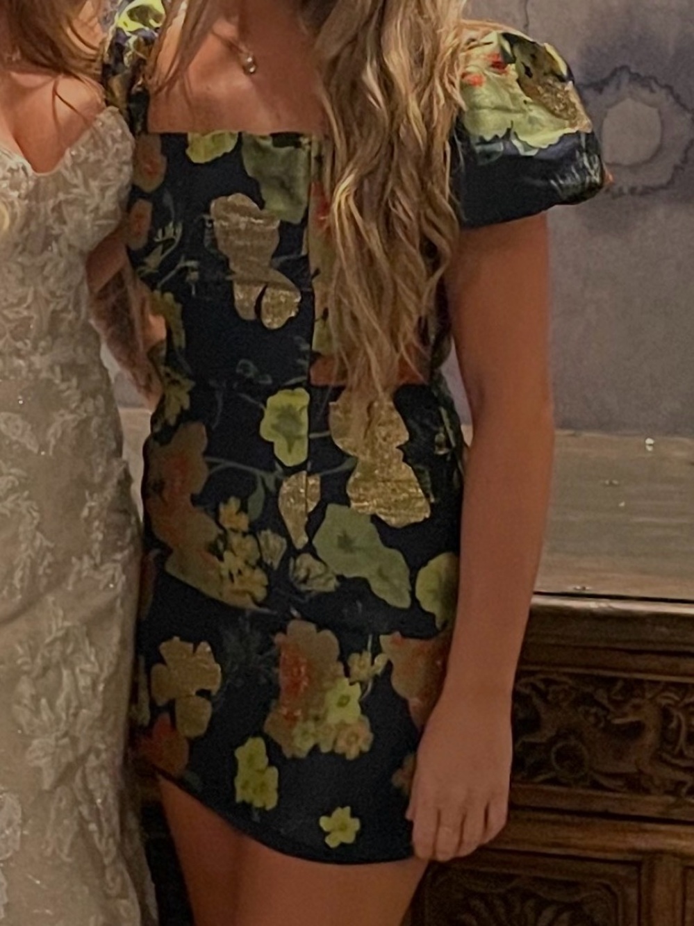 Lulu's Black Floral Brocade Mini Dress with Gold and Green Accents